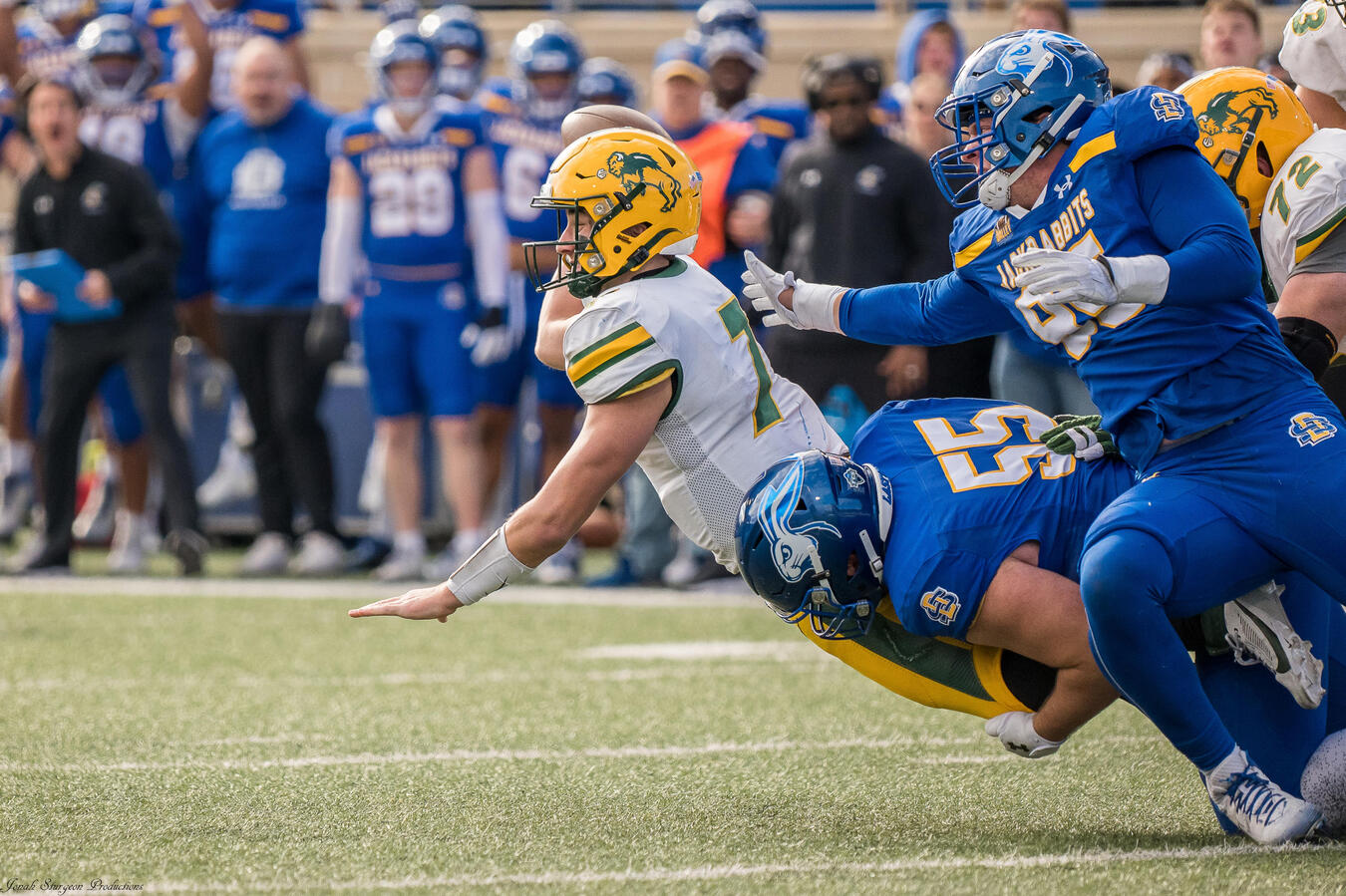 Untitled NDSU (North Dakota State University) quarterback Cam Miller gets sacked against SDSU (South Dakota State University)