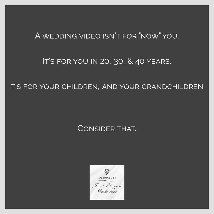 Wedding Video A wedding video isn't for "now" you. It's for you in 20, 30 & 40 years. It's for your children and your grandchildren. Consider that.